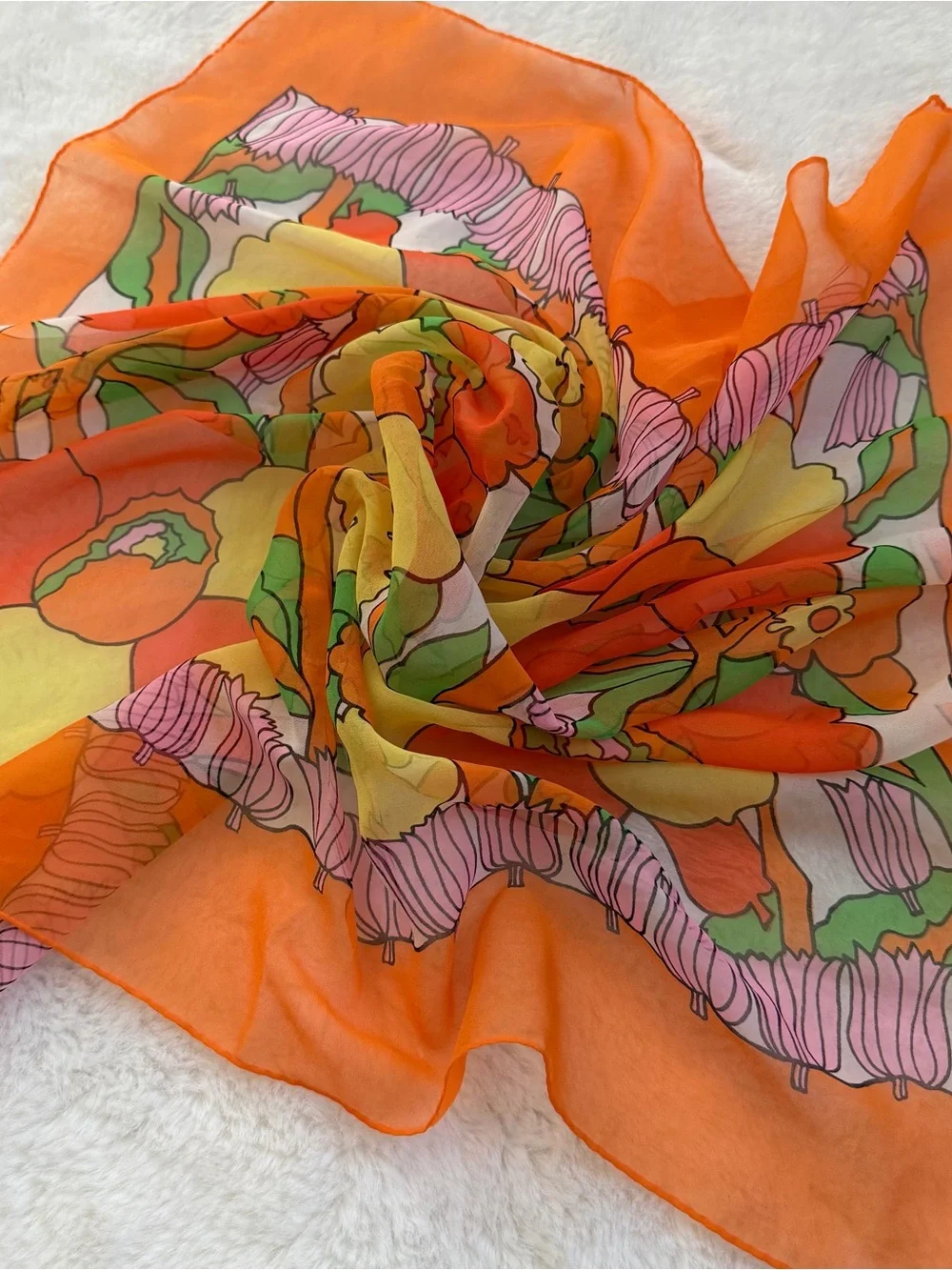 Vintage 1970s Sheer Floral Scarf Orange Flower Power Retro Mod Square
